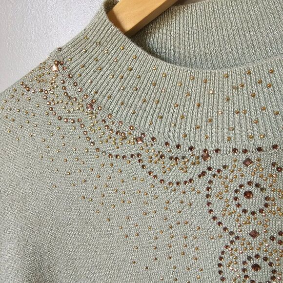 EUC LIKE NEW ALFRED DUNNER SAGE GREEN EMBELLISHED METALLIC MOCK NECK TOP SIZE M - Picture 3 of 15